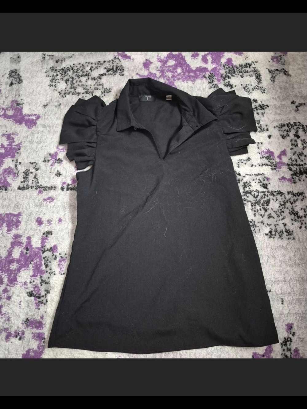Tahari Black Puff-Sleeve Collared Top